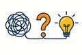Flat vector concept of problem solving with tangled line, question mark and lightbulb, isolated on white Royalty Free Stock Photo
