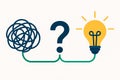 Flat vector concept of problem solving with tangled line, question mark and lightbulb, isolated on white Royalty Free Stock Photo