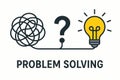 Flat vector concept of problem solving with tangled line, question mark and lightbulb, isolated on white Royalty Free Stock Photo