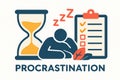 Flat vector concept of procrastination with hourglass, nap icon and unfinished tasks, isolated on white Royalty Free Stock Photo