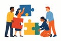 Flat vector concept of teamwork with diverse characters assembling puzzle pieces, isolated on white Royalty Free Stock Photo