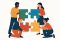 Flat vector concept of teamwork with diverse characters assembling puzzle pieces, isolated on white Royalty Free Stock Photo