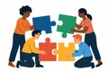 Flat vector concept of teamwork with diverse characters assembling puzzle pieces, isolated on white Royalty Free Stock Photo