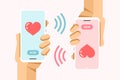 Smartphone mockup in human hand. Send the love message with big pink heart from phone to phone. Vector colorful illustration