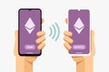 Smartphones with cryptocurrency transaction finance operation. Sending and receiving ethereum. Vector concept illustration