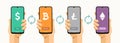 Smartphones with cryptocurrency exchange finance operation. Dollar to bitcoin, litecoin, ethereum. Vector concept illustration