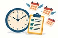 Flat vector concept of time management with clock, checklist, and flying calendar pages, isolated on white Royalty Free Stock Photo