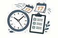 Flat vector concept of time management with clock, checklist, and flying calendar pages, isolated on white Royalty Free Stock Photo