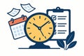 Flat vector concept of time management with clock, checklist, and flying calendar pages, isolated on white Royalty Free Stock Photo