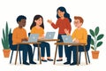 Flat vector coworking space scene with laptops, plants and team interaction, isolated on white Royalty Free Stock Photo
