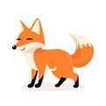 Flat Vector Cute Fox. Little Fox Icon. Adorable Walking Fox Cartoon Character Isolated on White Background, Side View