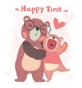 Flat vector cute happy daddy and kid autumn teddy bear smile, hug with happy time, valentine card, cute animal character idea for