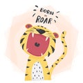Flat vector cute tiger open mouth roar, born to roar Royalty Free Stock Photo