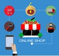 Flat vector design with e-commerce and online shopping icons and elements for mobile story. Royalty Free Stock Photo