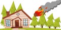 Flat vector design of flaming meteorite falling on the house, green fir trees on background. Natural disaster