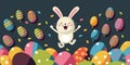 Flat vector design of a Happy, cute, adorable cartoon Easter Bunny jumping out of many colorful easter eggs, pastel colors. Royalty Free Stock Photo