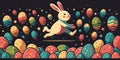Flat vector design of a Happy, cute, adorable cartoon Easter Bunny jumping out of many colorful easter eggs, vibrant colors. Royalty Free Stock Photo