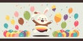 Flat vector design of a Happy, cute, adorable cartoon Easter Bunny jumping out of many colorful easter eggs, vibrant colors. Royalty Free Stock Photo