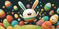 Flat vector design of a Happy, cute, adorable cartoon Easter Bunny jumping out of many colorful easter eggs, vibrant colors. Royalty Free Stock Photo