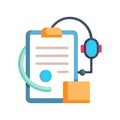 Vector flat icon illustrating a clipboard with headset symbolizing customer service and information support Royalty Free Stock Photo