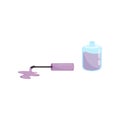 Flat vector design of small glass bottle and brush with spilled purple nail polish. Cosmetic product. Beauty theme Royalty Free Stock Photo