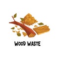 Flat vector design of wood waste dry brunch of tree, stack of sawdust and broken plank. Icon for manual about garbage