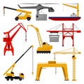 Flat vector of different cranes. Mechanism for lifting and moving of objects. Professional construction and loading