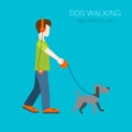 Flat vector dog walking boy in headphone
