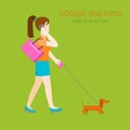 Flat vector dog walking girl with dachshund