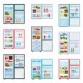 Flat vector et of fridges with open doors. Refrigerators filled with products. Fruits and vegetables, meat and dairy