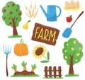 Flat vector farm elements fruit trees, watering can, eggs in nest, pitchfork, shovel, sunflower, pumpkin, fence, wooden