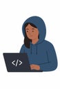 Flat vector female coder with hoodie and laptop, flat tech style, isolated on white Royalty Free Stock Photo