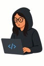 Flat vector female coder with hoodie and laptop, flat tech style, isolated on white Royalty Free Stock Photo