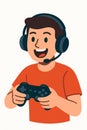 Flat vector gamer with headset and gamepad, enthusiastic expression, isolated on white Royalty Free Stock Photo