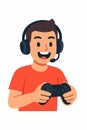 Flat vector gamer with headset and gamepad, enthusiastic expression, isolated on white Royalty Free Stock Photo
