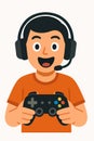 Flat vector gamer with headset and gamepad, enthusiastic expression, isolated on white Royalty Free Stock Photo