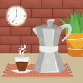 Flat vector geyser coffee maker wuth a cup of coffee in the interior. Alternative methods of brewing coffee. Coffee culture