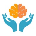 Two blue hands holding orange brain icon support care Royalty Free Stock Photo