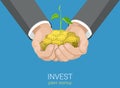 Flat vector grow business investment: growing hands coins money