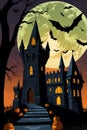 Flat Vector Halloween Background Spooky Castle with Pumpkins and Bats Royalty Free Stock Photo