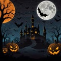 Flat Vector Halloween Background Spooky Castle with Pumpkins and Bats Royalty Free Stock Photo