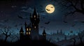 Flat Vector Halloween Background Spooky Castle with Pumpkins and Bats Royalty Free Stock Photo