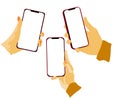 Flat vector hands with phones. Hands holding phones with empty screens mock up. Social media interaction. Social network Royalty Free Stock Photo