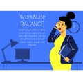 A flat vector horizontal image of a pregnant woman working in the office. Life and work balance.