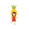 Flat vector icon of adorable preschool girl in headdress in form of pineapple. Fruit costume. Child with happy face