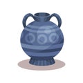 Flat vector icon of antique amphora with traditional ornament. Blue jug with two handles and narrow neck Royalty Free Stock Photo