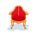 Flat vector icon of antique wooden chair with bright red velvet trim. Luxury royal furniture. Museum exhibit Royalty Free Stock Photo