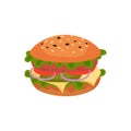 Flat vector icon of appetizing sandwich. Tasty burger. Street fast food. Element for cafe or restaurant menu Royalty Free Stock Photo