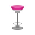 Flat vector icon of bar stool with soft pink seat and metal leg. Stylish high chair. Furniture for cafe and restaurant