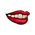 Flat vector icon of beautiful red female lips. Woman s smile with white teeth. Design for sticker, postcard, promo Royalty Free Stock Photo